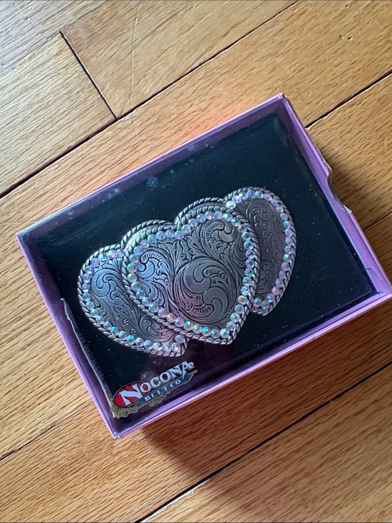 Nocona Accessories - Nocona triple heart rhinestone silver belt buckle